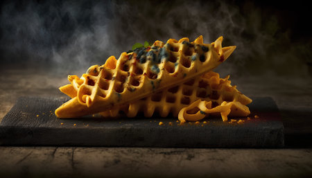 Waffles on a black wooden board with smoke on a dark backgroundの素材