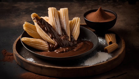 Churros with chocolate cream and cocoa powder on a dark backgroundの素材
