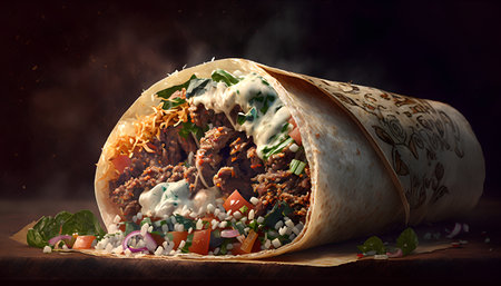 Traditional mexican burrito with meat and vegetables on wooden backgroundの素材