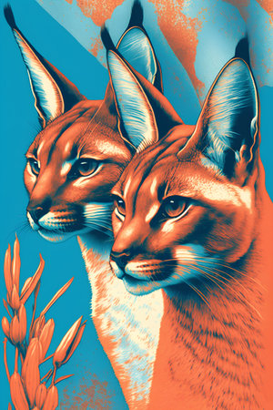 Portrait of a beautiful caracal cat on a colorful backgroundの素材