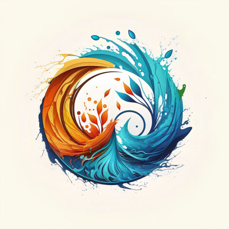 abstract blue and orange background with splashes of water and leavesの素材