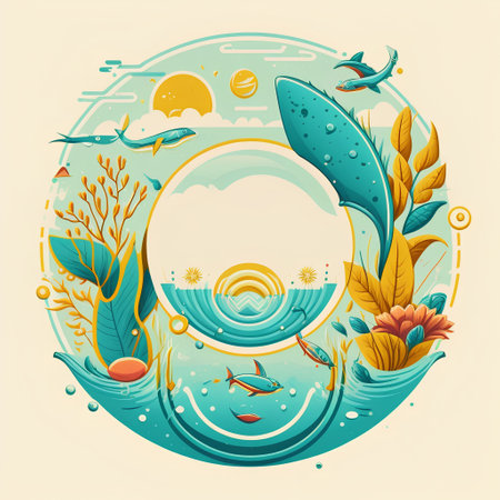 Round frame with cartoon ocean landscape. Vector illustration for your design.の素材