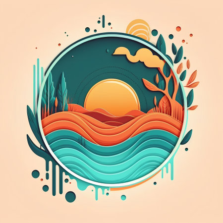 Vector illustration of a sunset over the sea. Paper cut style.の素材
