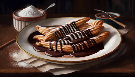 Chocolate eclairs with chocolate syrup on a white plate.の素材