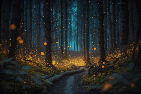 Mysterious forest at night with fog and lights. 3d renderの素材