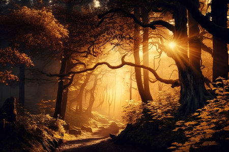 Fantasy autumn forest with sunbeams and fog. Magical atmosphereの素材