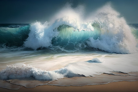 Big wave breaking on the beach. Collage. 3d renderingの素材