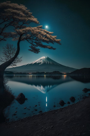 Mt. Fuji reflected in Lake Kawaguchiko at nightの素材
