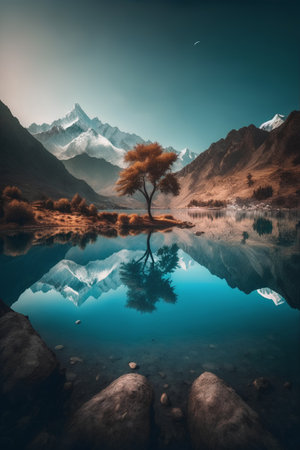 Alone tree reflected in the lake, Himalaya mountains, Nepalの素材