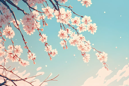 Blossoming branch of sakura on blue sky background. Vector illustration.の素材