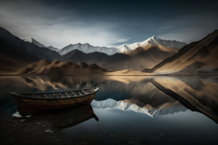 Fishing boat on the lake in Himalayas, Ladakh, Indiaの素材