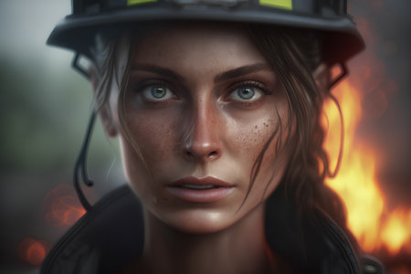 Portrait of a woman firefighter with fire in the background. Close-up.の素材