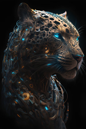 Futuristic leopard portrait. 3D rendering and 3D illustration.の素材