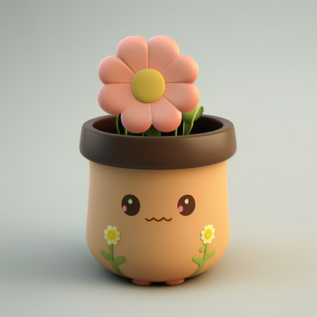 Cute flower in pot on gray background. 3D rendering.の素材