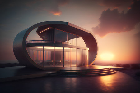 Modern office building on the beach at sunset. 3D rendering.の素材
