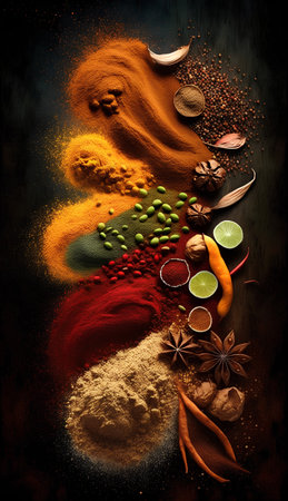 Spices on black background with copy space. Food and cuisine ingredients.