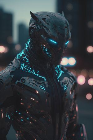 Cyborg man in futuristic city at night. 3D rendering.の素材