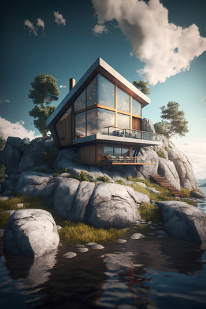 3D render of a modern house on a rocky island in a lakeの素材