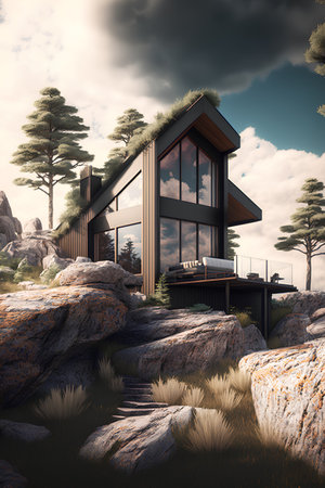 3d rendering of modern cozy house with pool and parking for sale or rent. Luxury house in the mountains.の素材