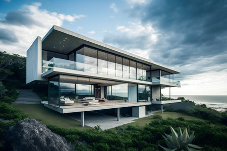 Luxury house on the beach in the evening,3d renderの素材