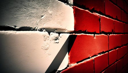 Red and white brick wall background. Close up. Toned.の素材