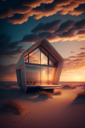 3D render of a house on the beach at sunset with cloudsの素材