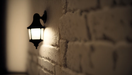 Lantern on the brick wall at night. Selective focus.の素材