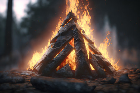 Wooden campfire in the forest at night. 3d illustrationの素材