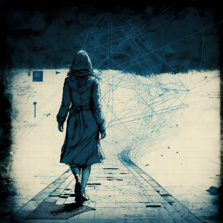 Fashion illustration with woman in coat and hood on grunge backgroundの素材