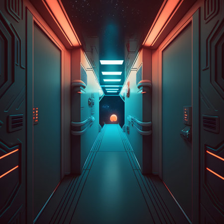 Spaceship interior. Futuristic corridor. 3D rendering.の素材