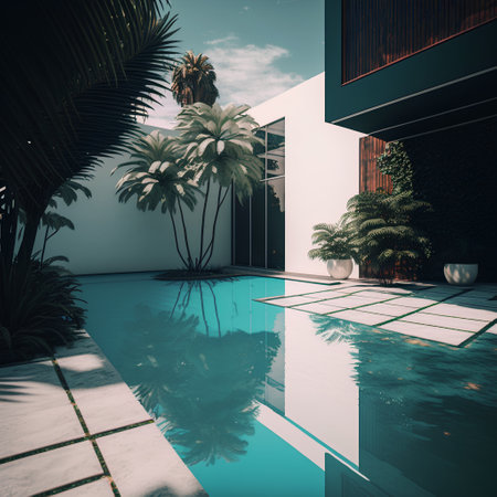 Swimming pool in modern villa with palm trees. 3d renderingの素材