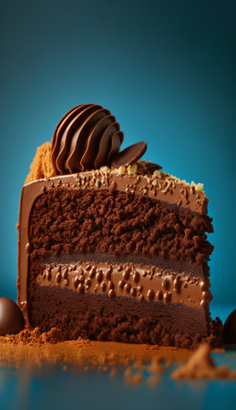 Piece of chocolate cake with chocolate chips and cocoa powder on blue backgroundの素材