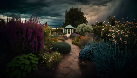 Garden with flowers and stormy sky. Toned image.の素材