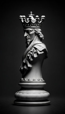 Black and white image of queen chess piece with crown on black backgroundの素材