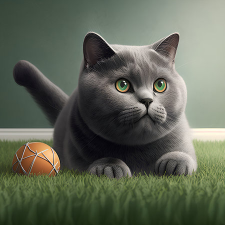 Cat with a ball on the green grass. 3D illustration.の素材