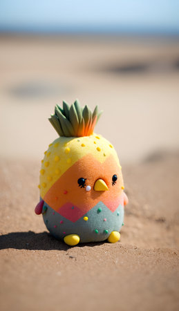 Pineapple toy on the beach. Cute bird made of feltの素材
