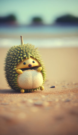 Funny prickly hedgehog on the beach. Retro style.の素材
