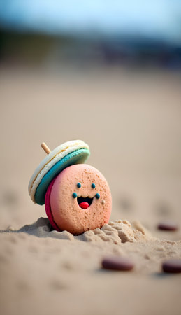 Funny colorful macaroon on the beach. Selective focus.の素材