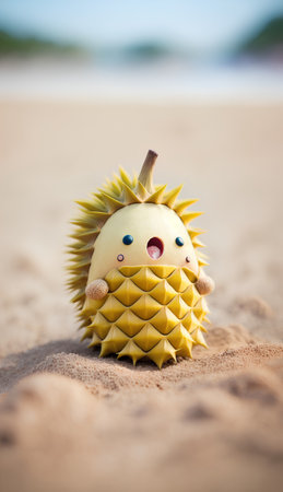Funny toy of durian on the beach. Summer concept.の素材
