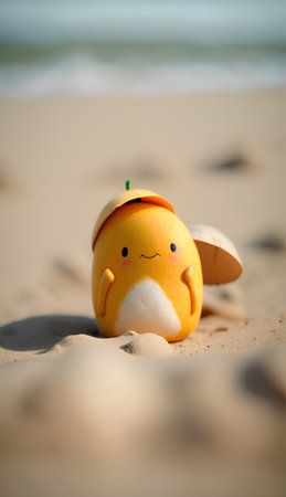 Cute yellow penguin in the sand on the seashoreの素材