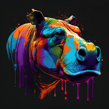 Hippo head with colorful paint splashes on black background.の素材