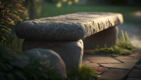 Stone bench in the garden at sunset. Selective focus. Toned.の素材
