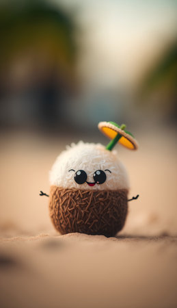 Coconut with funny face on the beach. Summer vacation conceptの素材