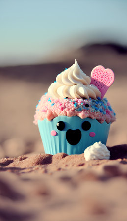 Cupcake with heart on the beach. Toned image.の素材