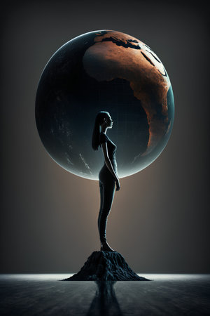 Woman standing on earth planet. Conceptual image. 3D renderingの素材