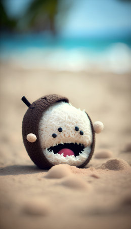 Cute funny coconut character on the beach. Summer vacation concept.の素材