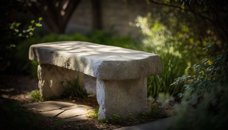 Stone bench in the garden at sunset, shallow depth of field.の素材