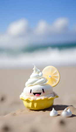 Cake with lemon and whipped cream on the beach, summer conceptの素材