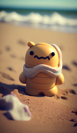 Yellow plasticine on the beach with a bandage on his headの素材
