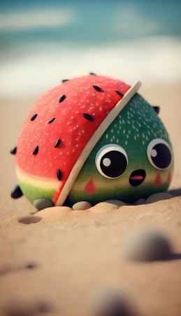 Funny watermelon on a sandy beach with the sea in the backgroundの素材